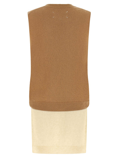 Vest by Maison Margiela for women in virgin wool beige, camel & white features a chic silhouette, expertly detailed with a refined v-neck neckline and premium thermal for a truly chic look.