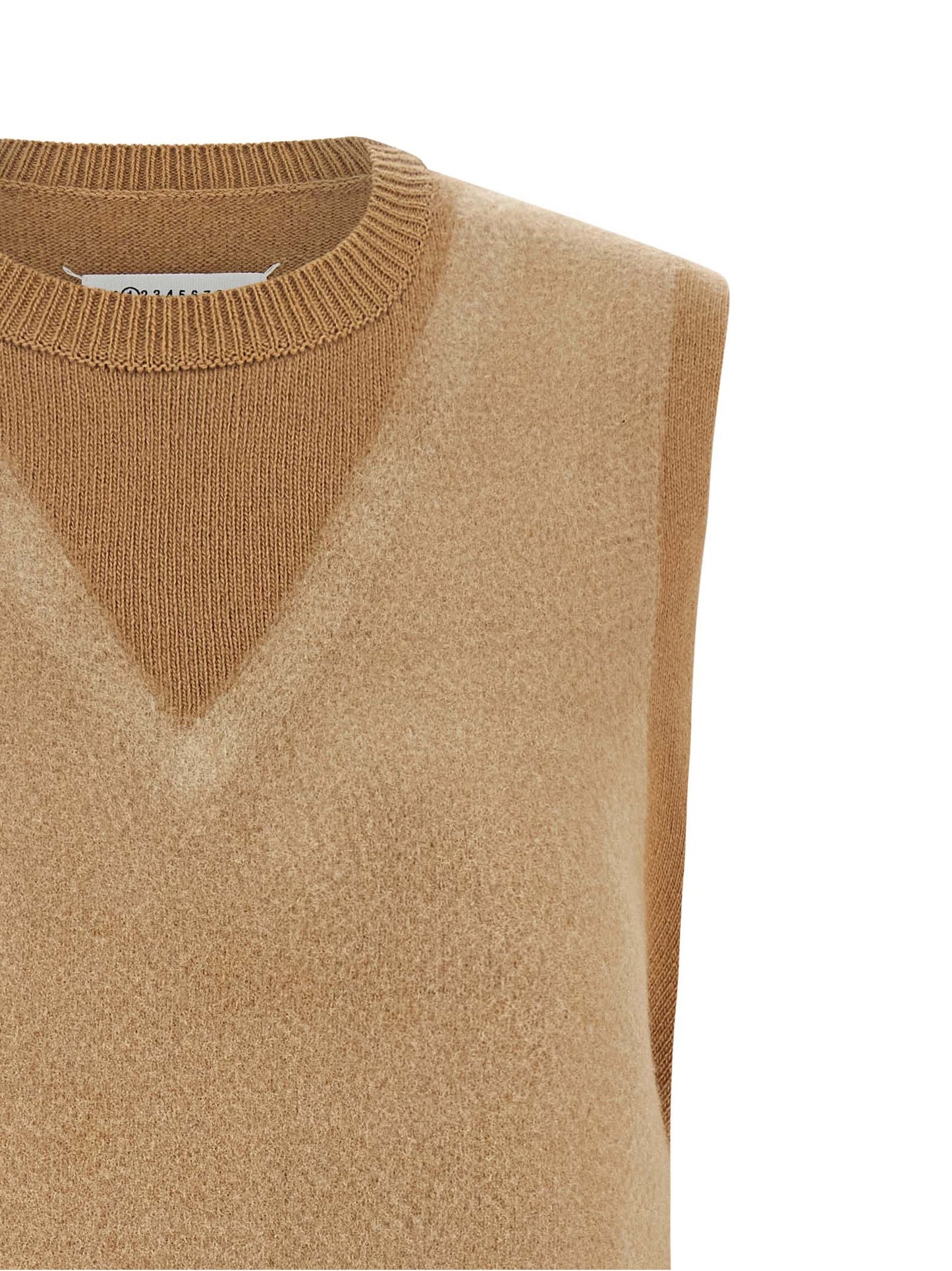 Vest by Maison Margiela for women in virgin wool beige, camel & white features an contemporary silhouette, showcasing refined thermal and a contemporary v-neck neckline for a sophisticated layered look.