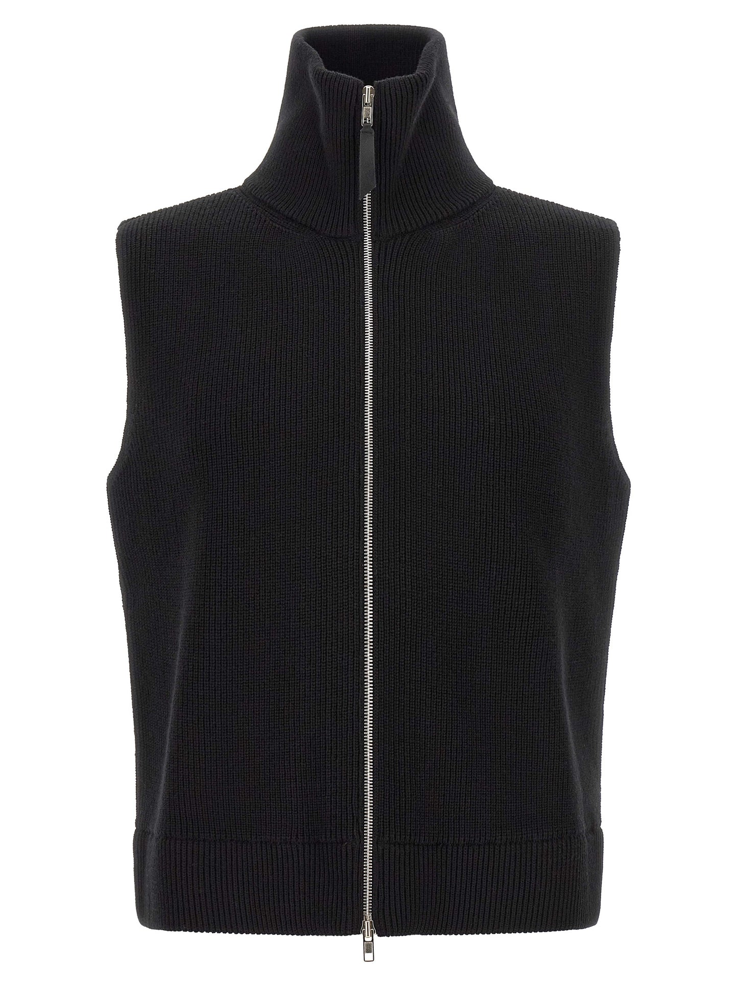 Sweater by Maison Margiela for men in cotton wool & leather black showcases a downtown chic silhouette, artfully finished with a downtown chic high-neck neckline and sleeveless for a sophisticated, high-end look.