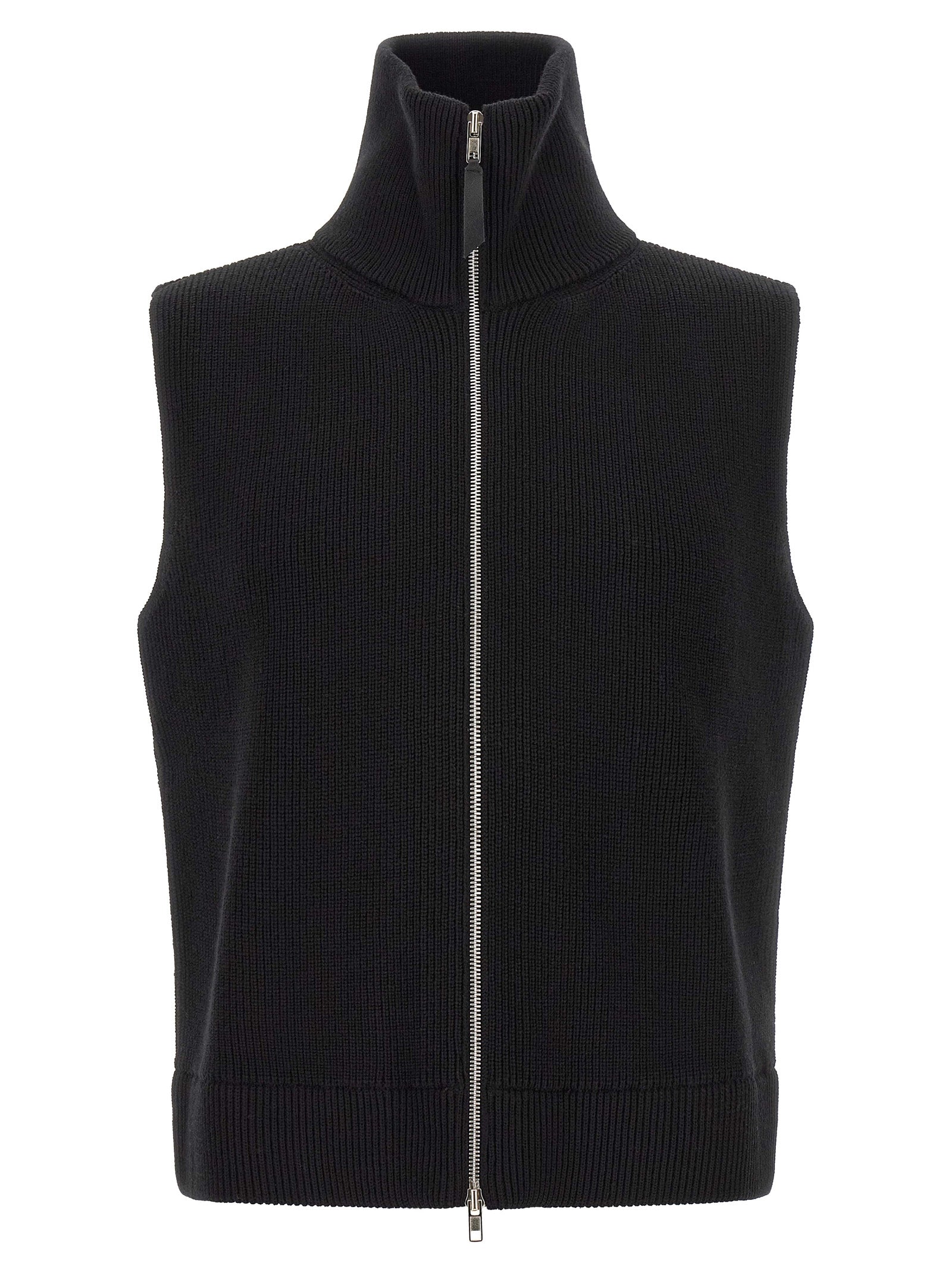 Sweater by Maison Margiela for men in cotton wool & leather black showcases a downtown chic silhouette, artfully finished with a downtown chic high-neck neckline and sleeveless for a sophisticated, high-end look.