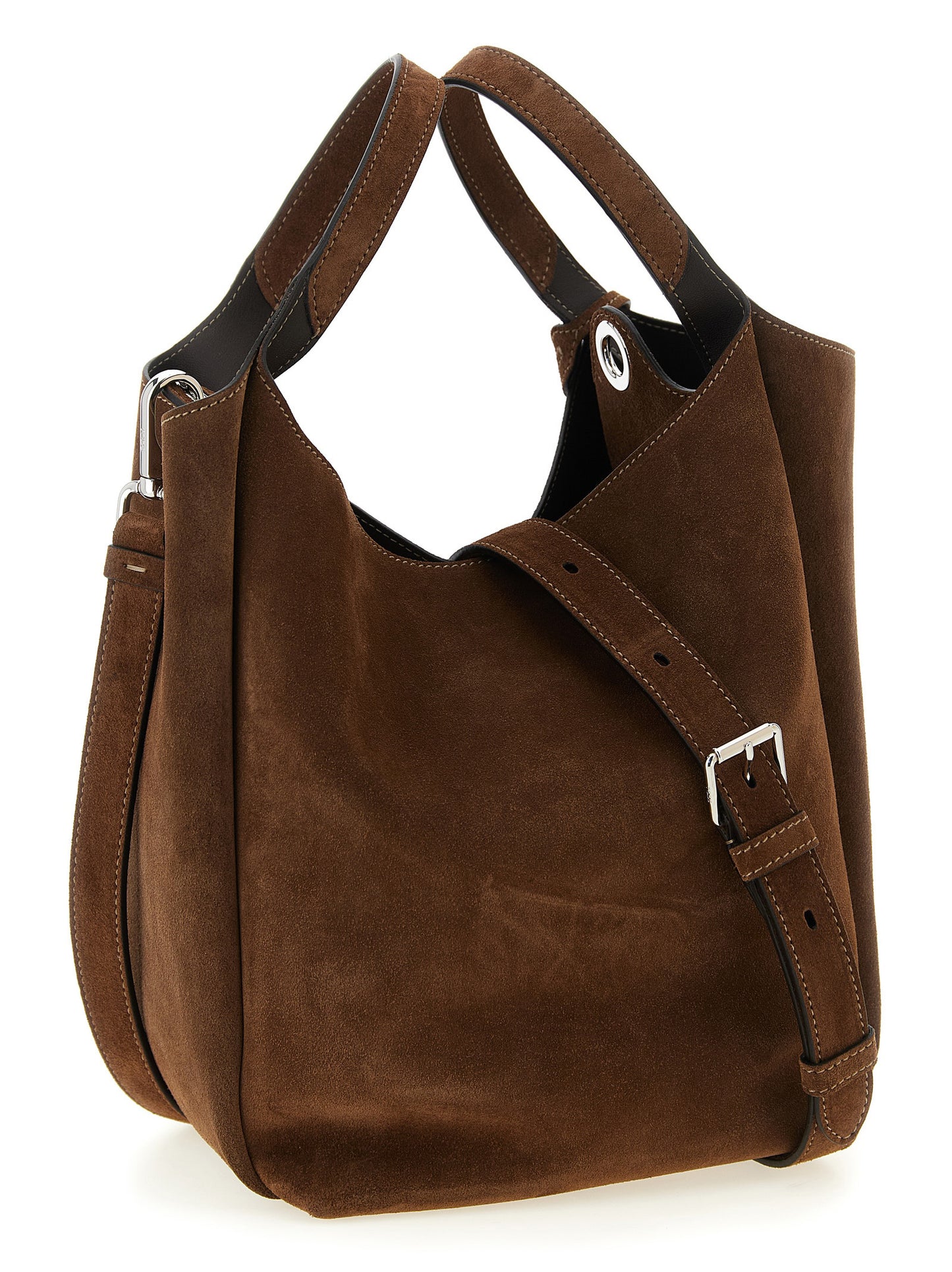 Bucket Handbag by Tod's for women in calfskin leather brown & silver presents a ornamental silhouette, showcasing a secure , ample , and versatile shoulder-strap, handle & adjustable-strap for a ornamental finish.