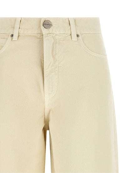 Jeans by PINKO for women in denim cotton beige & patterned features an sartorial relaxed-fit & wide and long with a high rise cut for a sartorial finish.