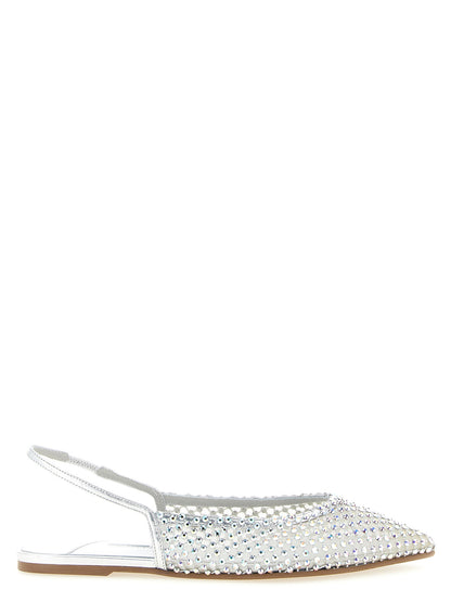Ballet Slingback Flat Shoes by LE SILLA for women in polyamide & polyester silver showcases a dynamic silhouette, artfully capturing Women's Polyamide & Polyester Ballet Slingback Flat Shoes through its distinctive and elegant pointed toe style.