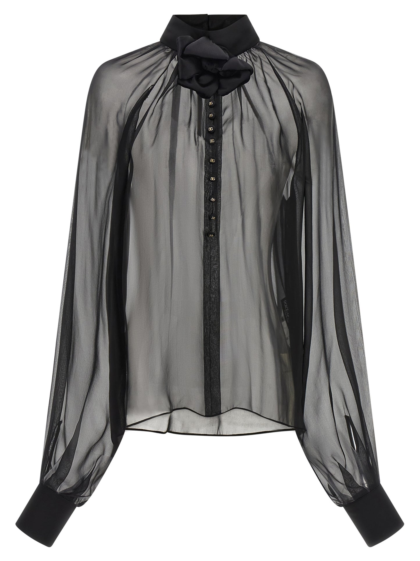 Blouse by Dolce & Gabbana for women in silk chiffon black, gold & floral features an architectural silhouette with a refined and elegant high-neck neckline for a architectural look.