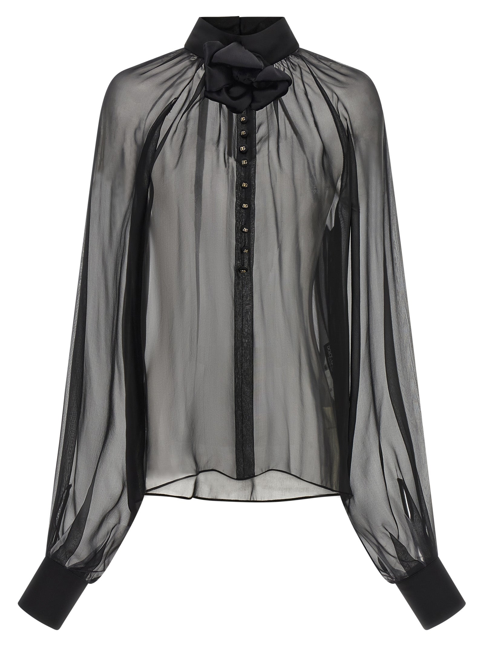 Blouse by Dolce & Gabbana for women in silk chiffon black, gold & floral features an architectural silhouette with a refined and elegant high-neck neckline for a architectural look.