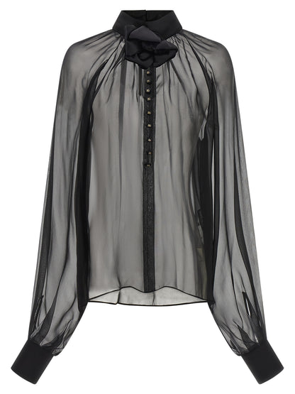 Blouse by Dolce & Gabbana for women in silk chiffon black, gold & floral features an architectural silhouette with a refined and elegant high-neck neckline for a architectural look.