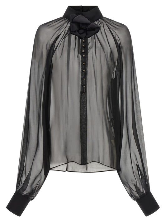 Blouse by Dolce & Gabbana for women in silk chiffon black, gold & floral features an architectural silhouette with a refined and elegant high-neck neckline for a architectural look.