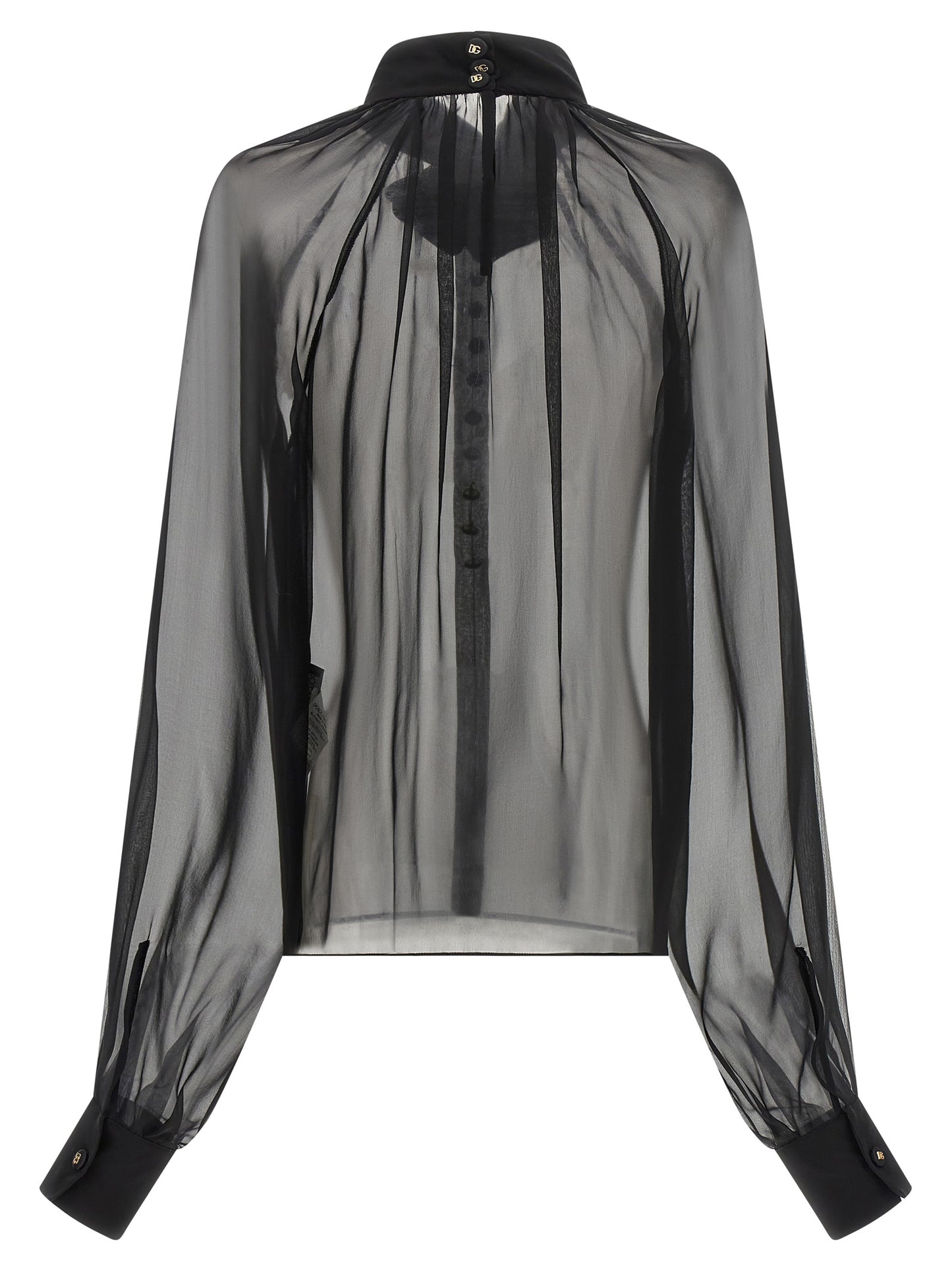Blouse by Dolce & Gabbana for women in silk chiffon black, gold & floral showcases a sharp silhouette, elegantly detailed with a sharp high-neck neckline and sharp .