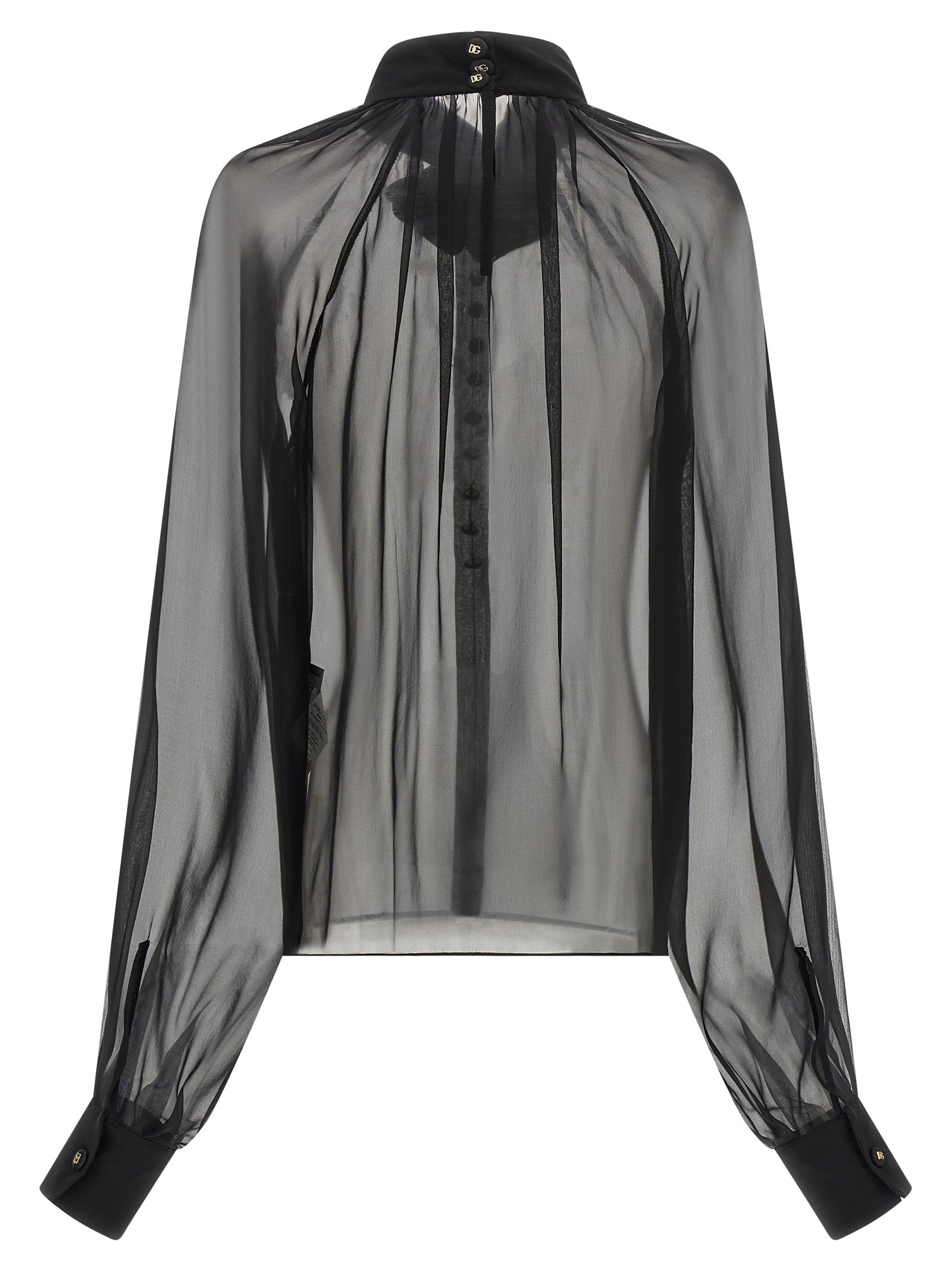 Blouse by Dolce & Gabbana for women in silk chiffon black, gold & floral showcases a sharp silhouette, elegantly detailed with a sharp high-neck neckline and sharp .