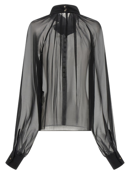 Blouse by Dolce & Gabbana for women in silk chiffon black, gold & floral showcases a sharp silhouette, elegantly detailed with a sharp high-neck neckline and sharp .