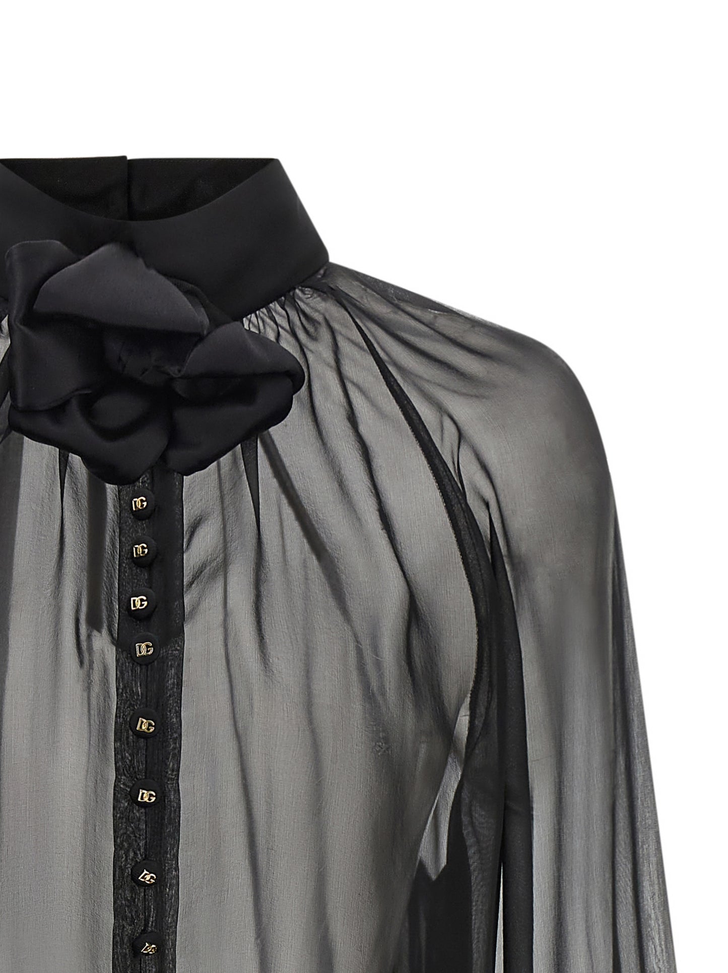 Blouse by Dolce & Gabbana for women in silk chiffon black, gold & floral showcases a sleek silhouette, elegantly detailed with a sleek high-neck neckline and for a sleek finish.