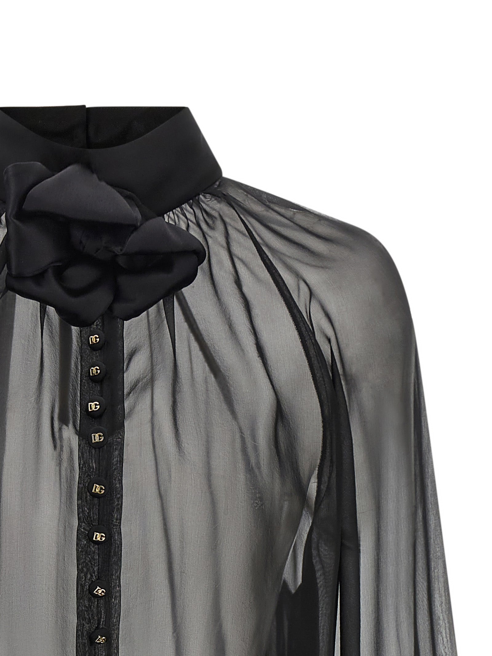 Blouse by Dolce & Gabbana for women in silk chiffon black, gold & floral showcases a sleek silhouette, elegantly detailed with a sleek high-neck neckline and for a sleek finish.