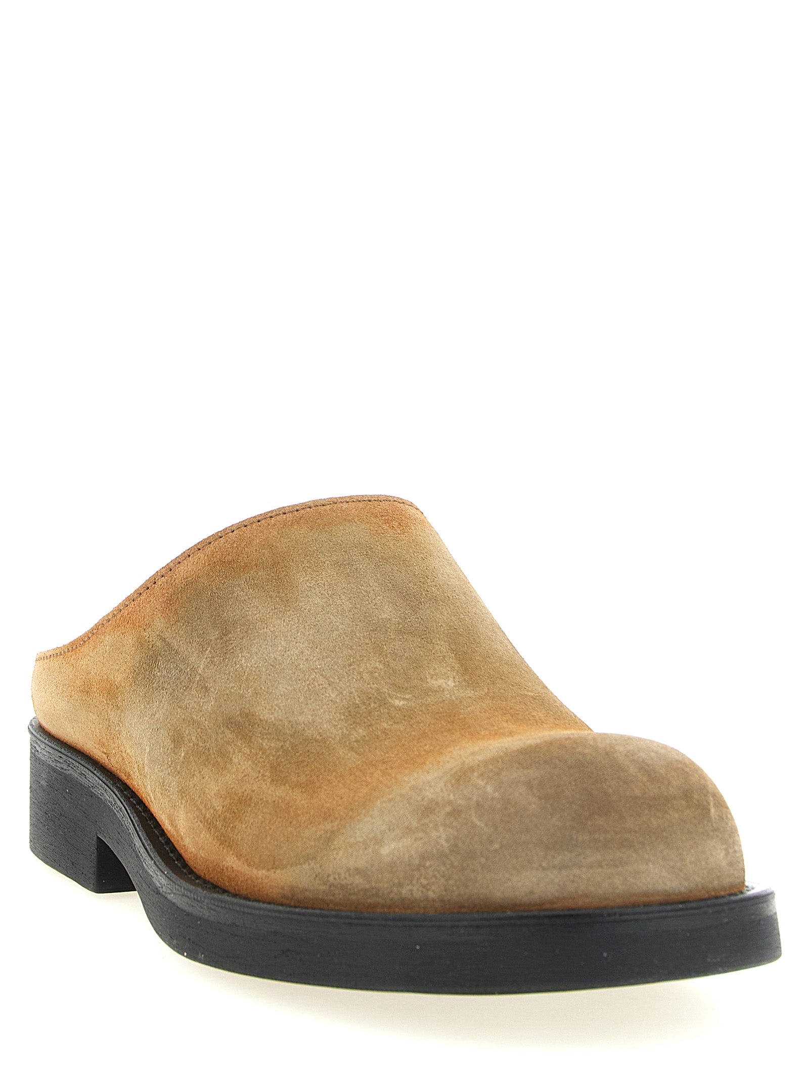 Flat Mule Mules Slip-On Biker Shoes by MM6 Maison Margiela for men in bos taurus suede cowhide leather beige, white & signature showcases a impeccable silhouette as Men's Bos Taurus Suede Cowhide Leather Flat Mule Mules Slip-On Biker Shoes, artfully designed with a impeccable flat and refined for a impeccable finish.