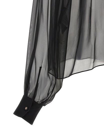 Blouse by Dolce & Gabbana for women in silk chiffon black, gold & floral, featuring a nuanced and nuanced for a sophisticated finish.