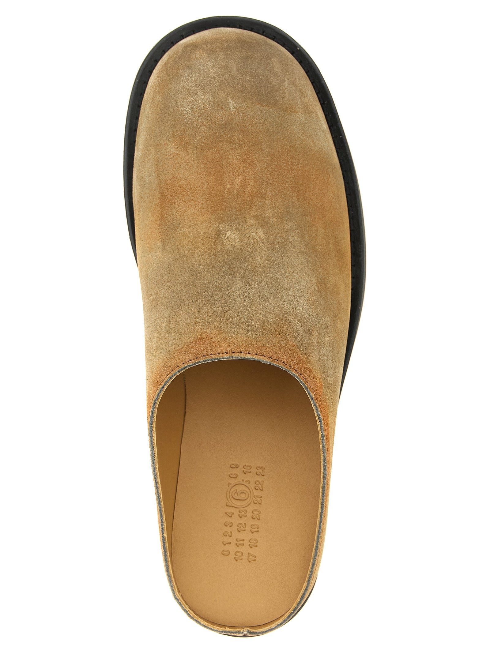 Flat Mule Mules Slip-On Biker Shoes by MM6 Maison Margiela for men in bos taurus suede cowhide leather beige, white & signature features an dynamic silhouette from the Men's Bos Taurus Suede Cowhide Leather Flat Mule Mules Slip-On Biker Shoes collection, defined by a dynamic and flat for a dynamic look.