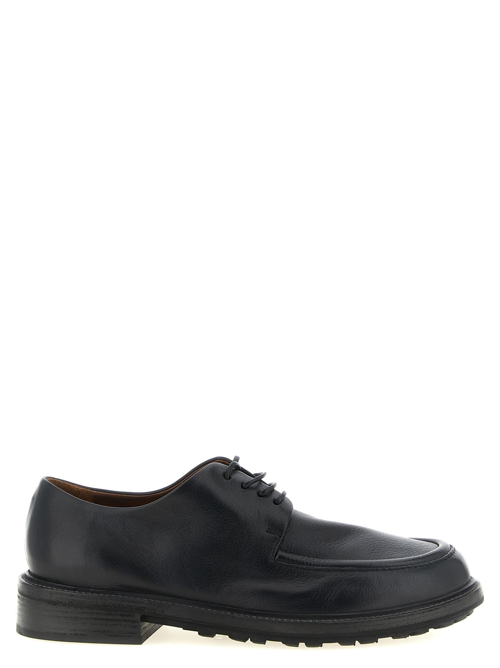 Derby Shoes by Marsell for men in calfskin leather black features an effortless chic silhouette, showcasing the Men's Calfskin Leather Derby Shoes design with an effortless chic and a for a effortless chic look.