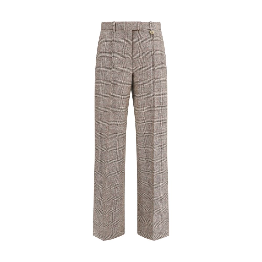 Trousers by Burberry for women in linen merino wool & polyester beige, patterned & checked features a sculptural silhouette, showcasing a sculptural straight-leg & regular-fit and long with a sophisticated for a sculptural finish.