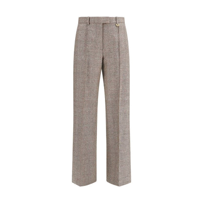 Trousers by Burberry for women in linen merino wool & polyester beige, patterned & checked features a sculptural silhouette, showcasing a sculptural straight-leg & regular-fit and long with a sophisticated for a sculptural finish.