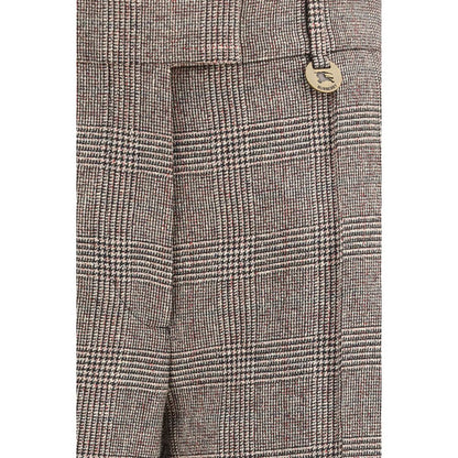 Trousers by Burberry for women in linen merino wool & polyester beige, patterned & checked features an sartorial silhouette, showcasing a precise straight-leg & regular-fit and long with a sartorial for a refined look.