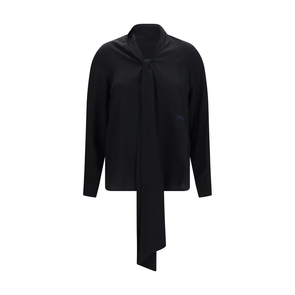 Blouse by Burberry for women in silk black, pearl & signature features an polished silhouette, showcasing a sophisticated v-neck neckline and long-sleeve detail for a truly polished finish.