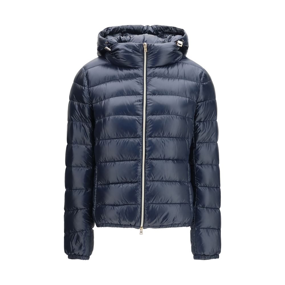 Hooded Puffer Jacket by Herno for women in polyamide & goose-down blue & gold presents a effortlessly chic silhouette, showcasing a sophisticated hooded neckline and premium pockets, hooded & insulated for a truly effortlessly chic finish.