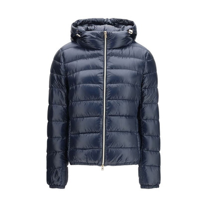 Hooded Puffer Jacket by Herno for women in polyamide & goose-down blue & gold presents a effortlessly chic silhouette, showcasing a sophisticated hooded neckline and premium pockets, hooded & insulated for a truly effortlessly chic finish.