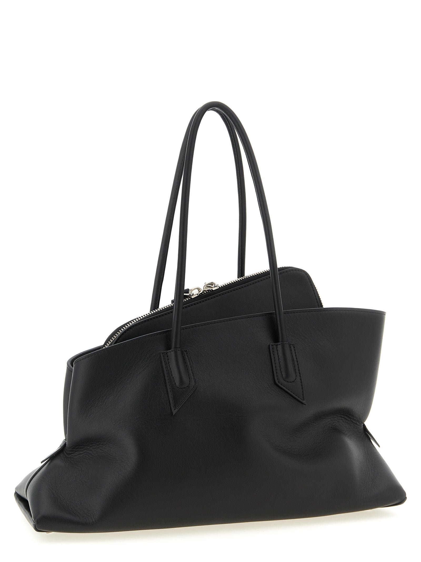 Medium Shoulder Bag by The Attico for women in calfskin leather black showcases a enviable silhouette, artfully detailed with a secure zipper, organized external-pockets, and versatile shoulder-strap & handle for a enviable look.