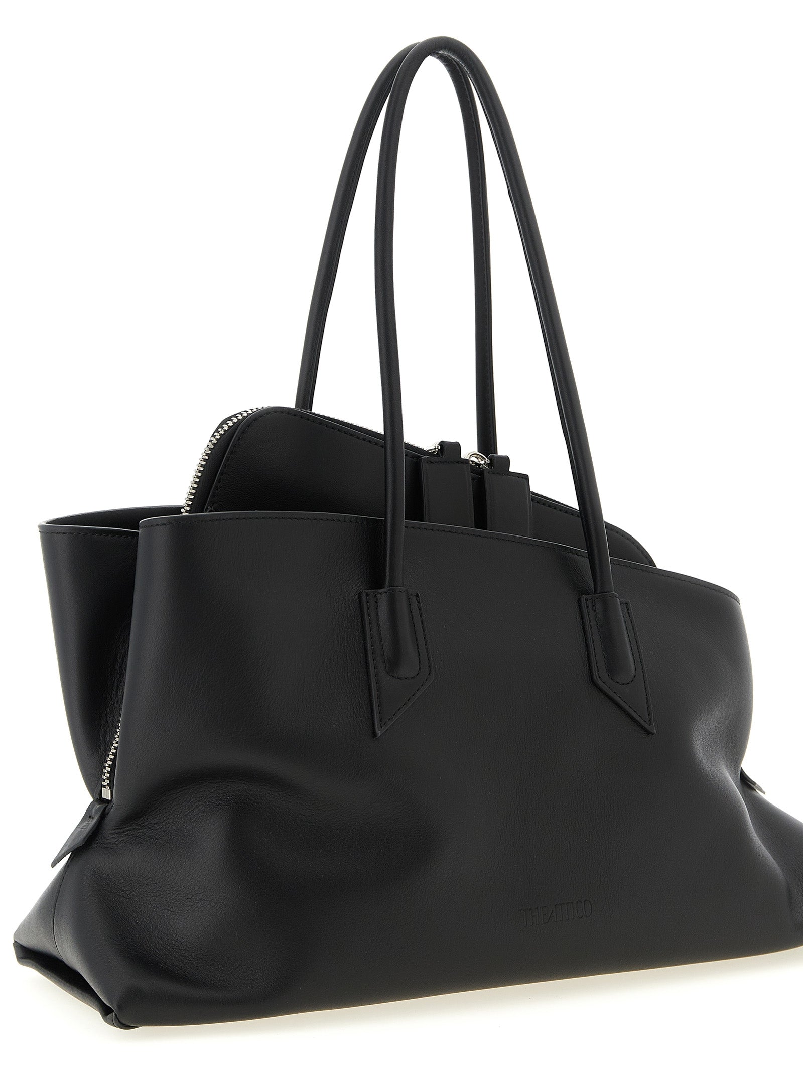 Medium Shoulder Bag by The Attico for women in calfskin leather black features a effortless chic silhouette with a secure zipper, ample external-pockets, and versatile shoulder-strap & handle for a effortless chic finish.