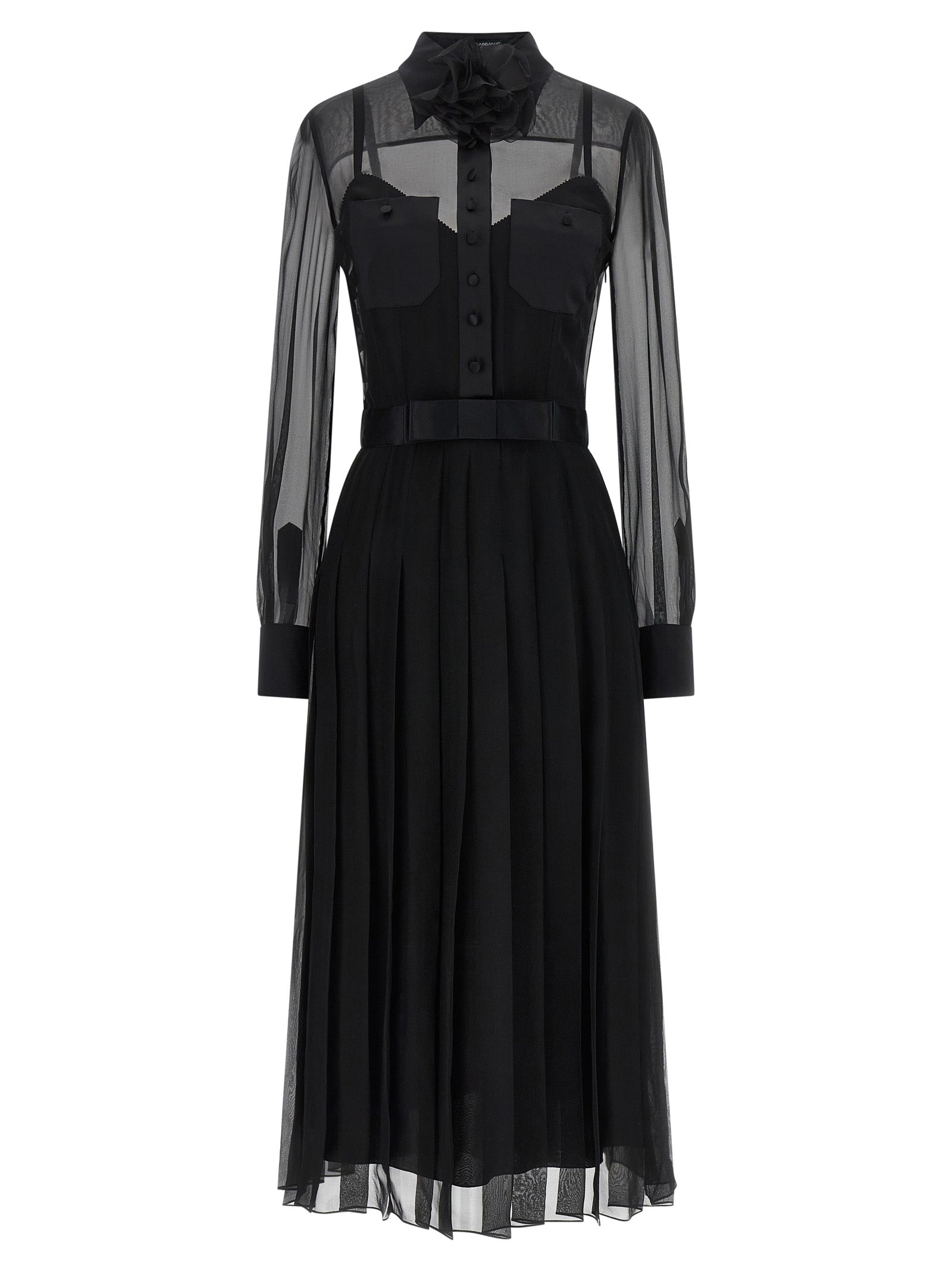 Dress by Dolce & Gabbana for women in silk polyester chiffon black, transparent & floral features an eye catching silhouette with a sophisticated , elegant long-sleeve, and a refined midi for a eye catching aesthetic.