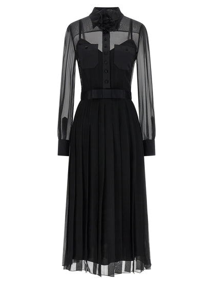 Dress by Dolce & Gabbana for women in silk polyester chiffon black, transparent & floral features an eye catching silhouette with a sophisticated , elegant long-sleeve, and a refined midi for a eye catching aesthetic.