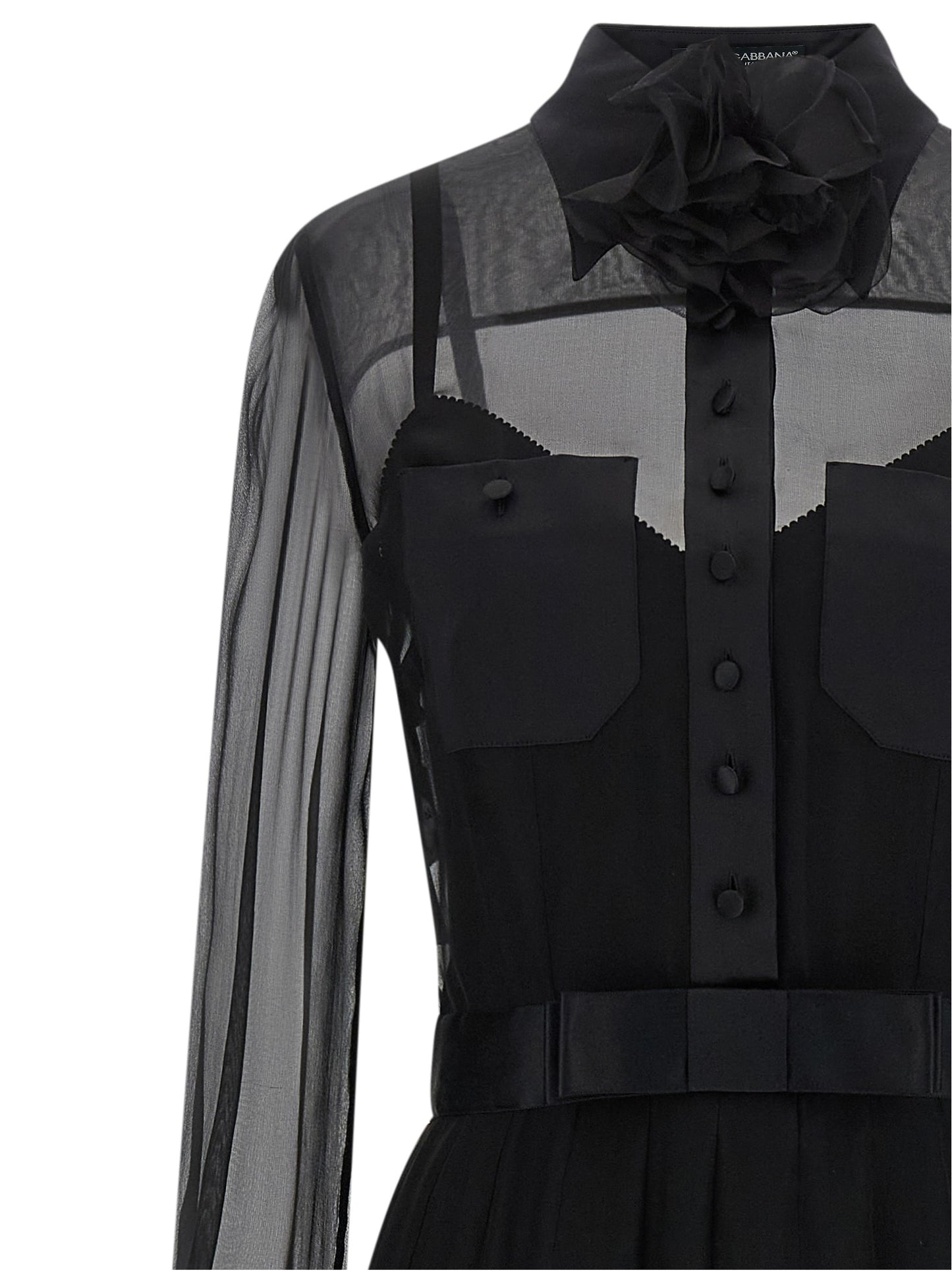 Dress by Dolce & Gabbana for women in silk polyester chiffon black, transparent & floral features an sultry silhouette defined by a and , falling to an sultry midi for a sultry look.