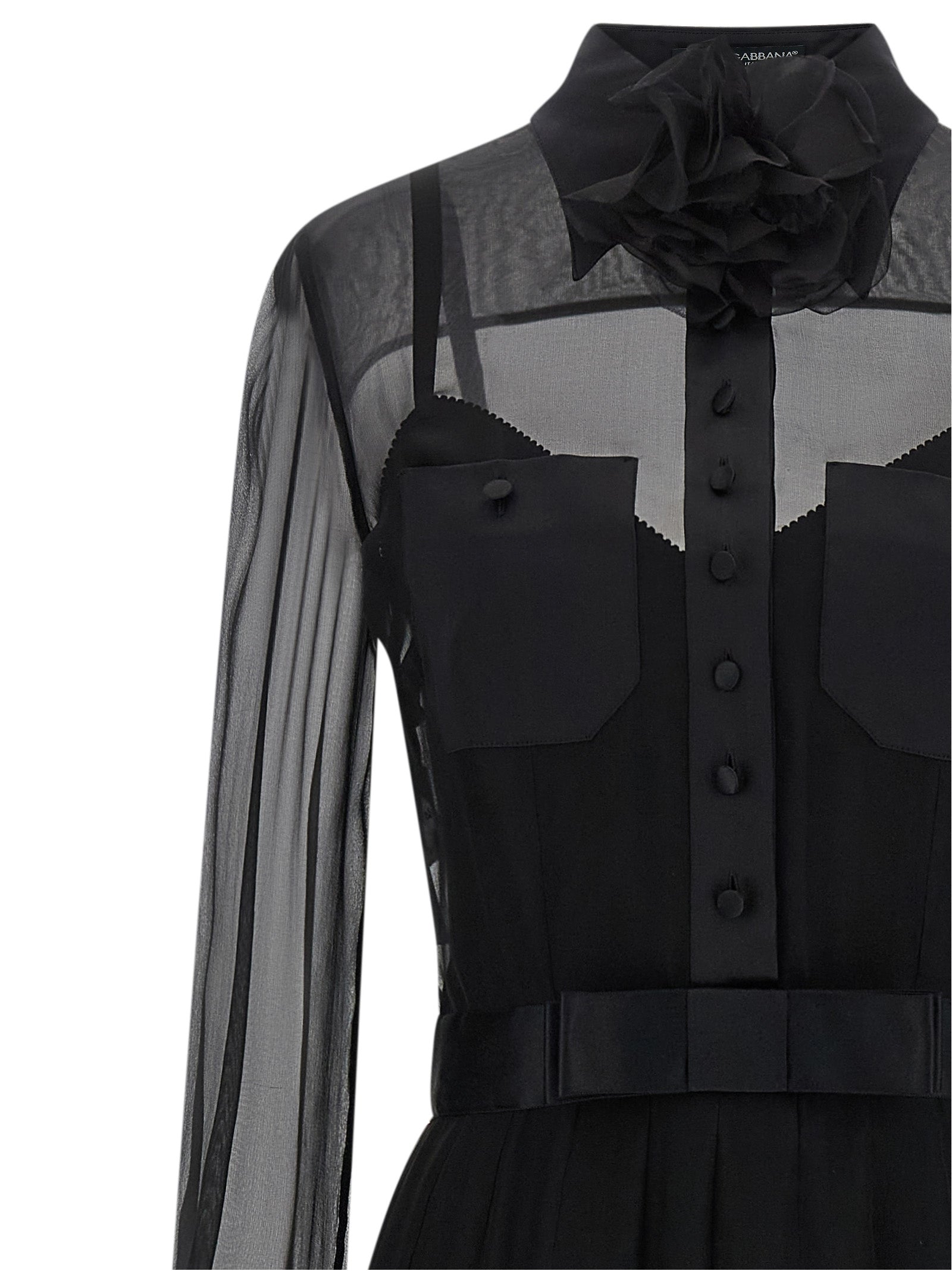 Dress by Dolce & Gabbana for women in silk polyester chiffon black, transparent & floral features an sultry silhouette defined by a and , falling to an sultry midi for a sultry look.