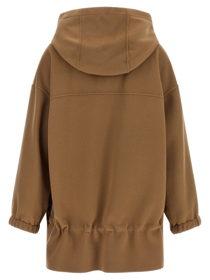 Hooded Overcoat by S Max Mara for women in virgin wool brown & silver showcases a enveloping silhouette, detailed with distinctive hooded and a enveloping hooded neckline.
