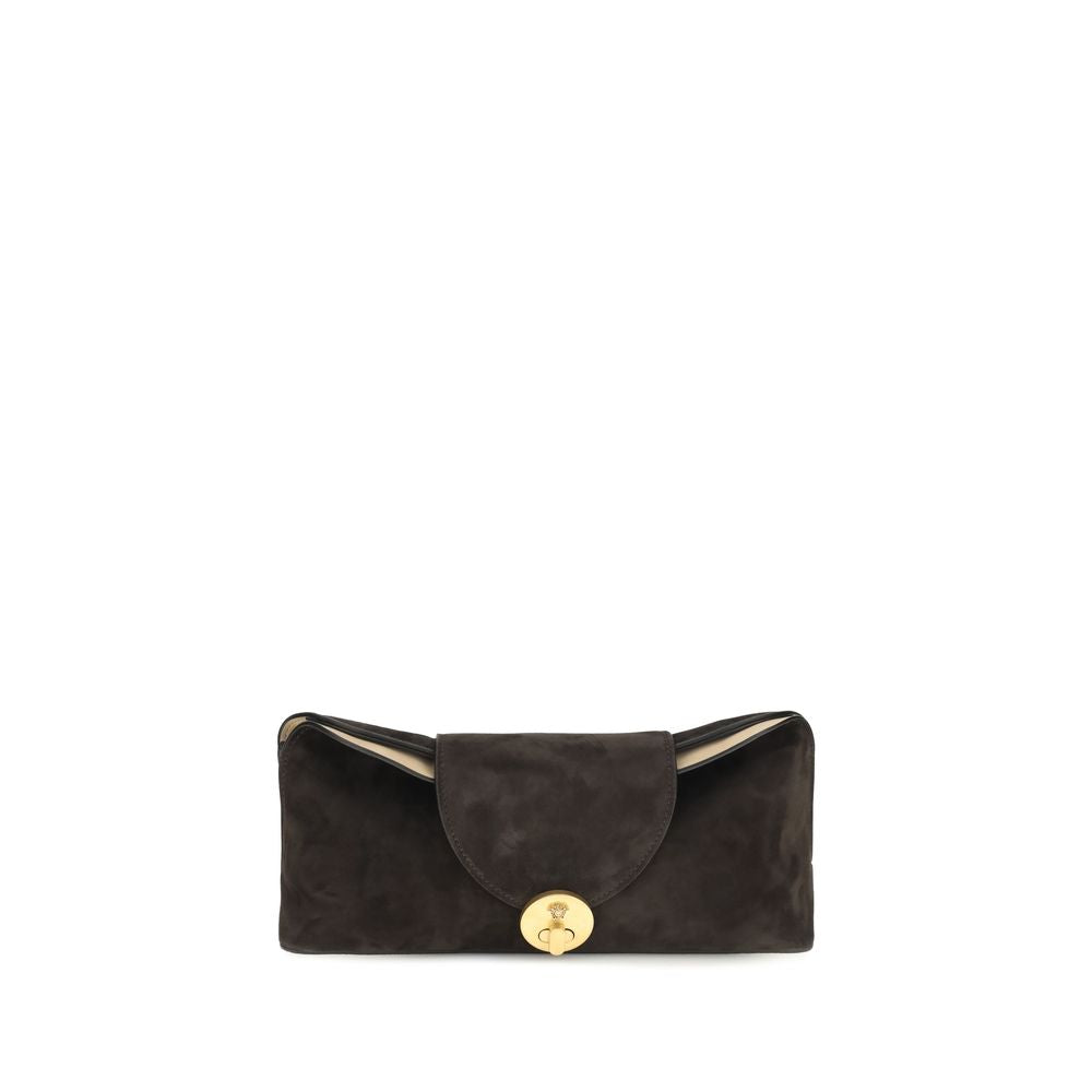 Evening Shoulder Bag by Versace for women in bos taurus nappa & suede leather brown presents a versatile silhouette, showcasing a secure flap and versatile with versatile shoulder-strap for a sophisticated look.