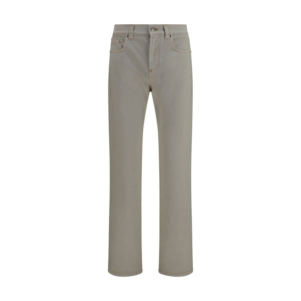 Jeans by Versace for men in stretch denim cotton beige presents a tailored silhouette, showcasing a tailored tapered-leg & slim and long cut with a refined for a truly tailored aesthetic.