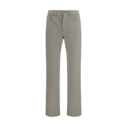 Jeans by Versace for men in stretch denim cotton beige presents a tailored silhouette, showcasing a tailored tapered-leg & slim and long cut with a refined for a truly tailored aesthetic.