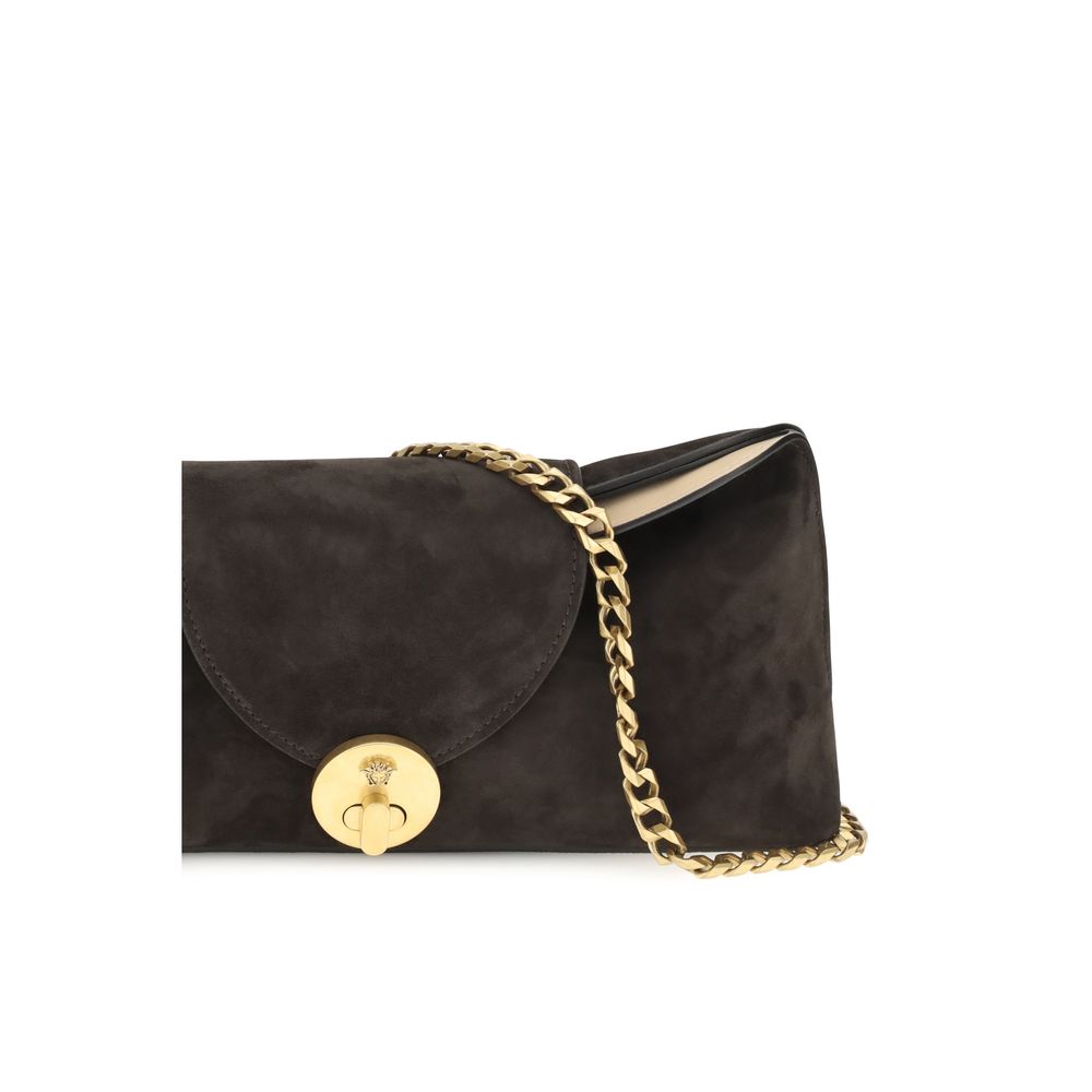 Evening Shoulder Bag by Versace for women in bos taurus nappa & suede leather brown features an effortlessly chic silhouette with a secure flap, ample , and versatile shoulder-strap for effortlessly chic everyday luxury.