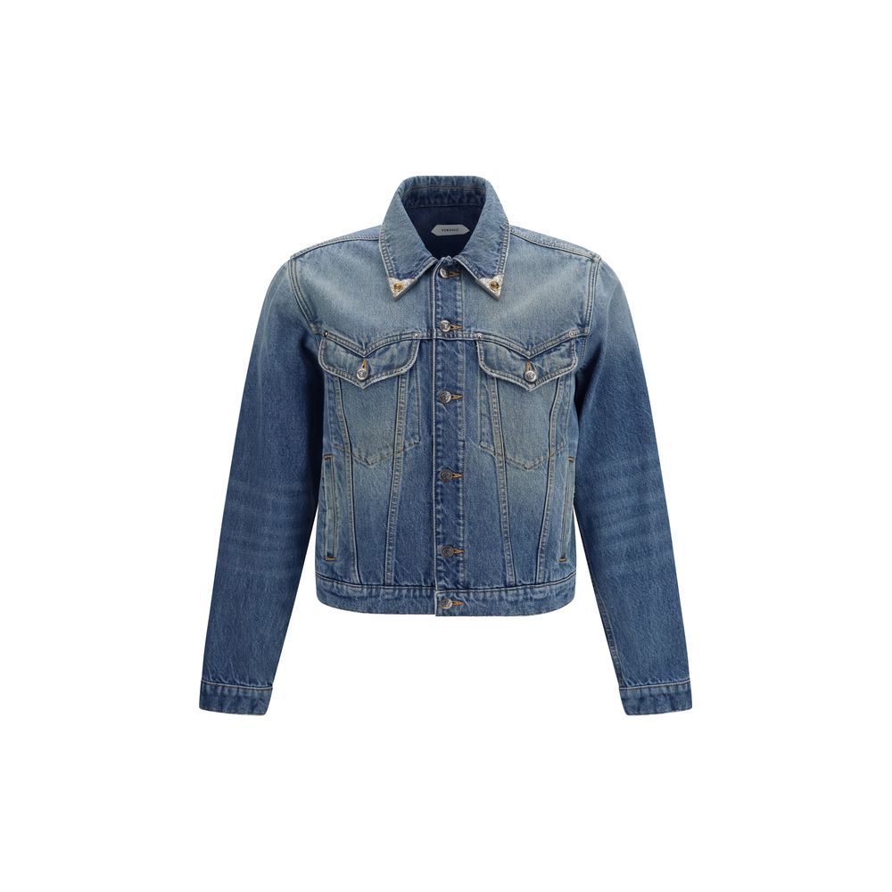 Trucker Jacket by Versace for men in denim cotton blue & signature features a city-ready silhouette, detailed with pockets and a city-ready .