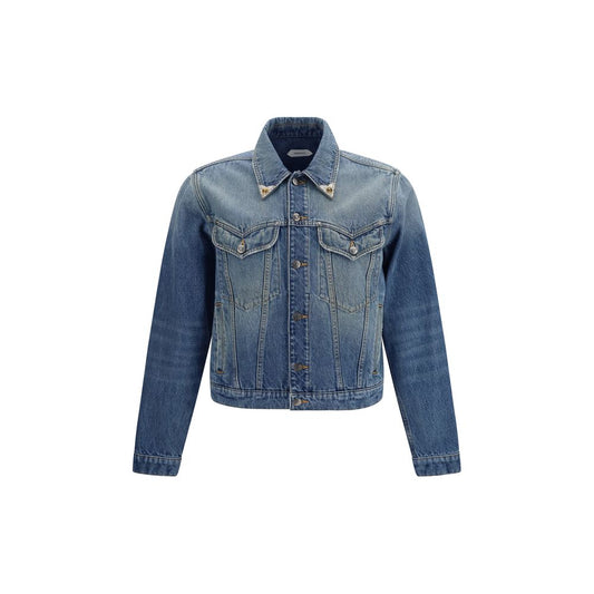 Trucker Jacket by Versace for men in denim cotton blue & signature features a city-ready silhouette, detailed with pockets and a city-ready .