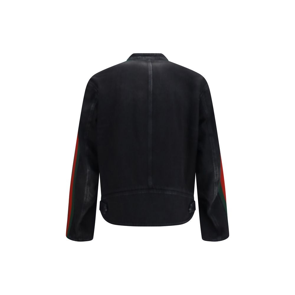Jacket by Gucci for men in denim cotton black & striped showcases a enveloping silhouette, artfully detailed with a enveloping and premium pockets for a truly enveloping finish.