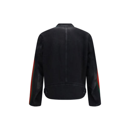 Jacket by Gucci for men in denim cotton black & striped showcases a enveloping silhouette, artfully detailed with a enveloping and premium pockets for a truly enveloping finish.