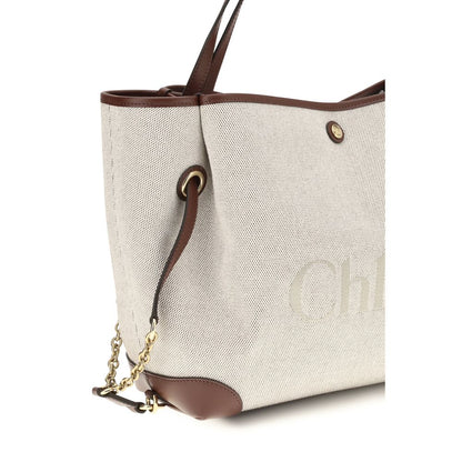Bucket Tote Shoulder Bag by Chloé for women in cotton canvas & calf leather beige & gold presents a versatile silhouette, showcasing a secure and versatile with versatile for a sophisticated look.