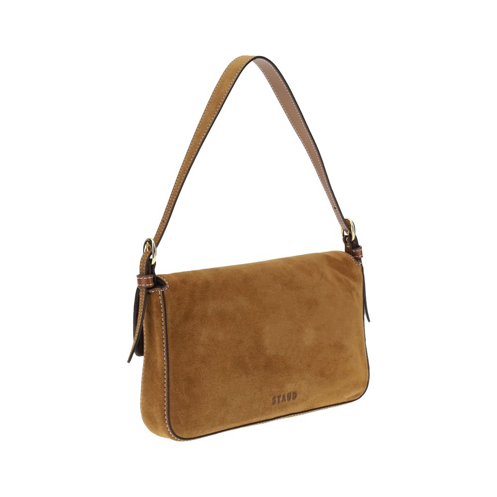 Shoulder Flap Bag by Staud for women in bos taurus calf suede leather brown features an effortlessly chic silhouette with a secure flap, magnetic & buckle, ample , and versatile shoulder-strap & adjustable-strap for effortlessly chic everyday luxury.