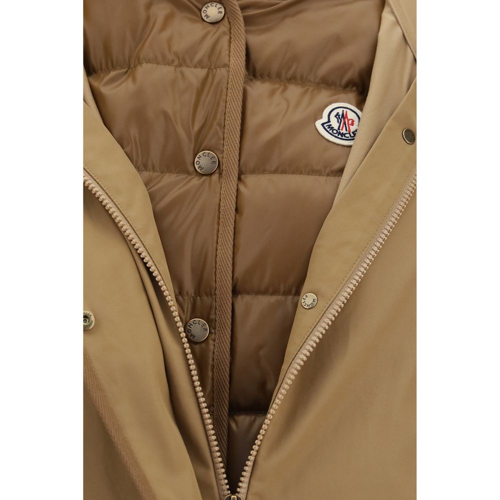 Hooded Vest by Moncler for women in polyamide beige & signature features a stylish silhouette, showcasing distinct pockets, hooded, insulated & windproof and a refined for a truly stylish finish.