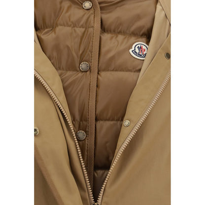 Hooded Vest by Moncler for women in polyamide beige & signature features a stylish silhouette, showcasing distinct pockets, hooded, insulated & windproof and a refined for a truly stylish finish.