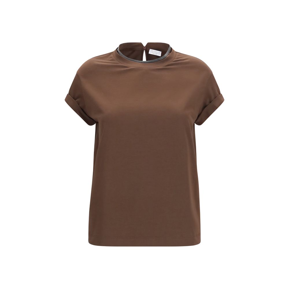 T-Shirt by Brunello Cucinelli for women in stretch cotton brown showcases a unassuming silhouette, artfully detailed with a refined keyhole neckline and unassuming for a sophisticated, contemporary look.
