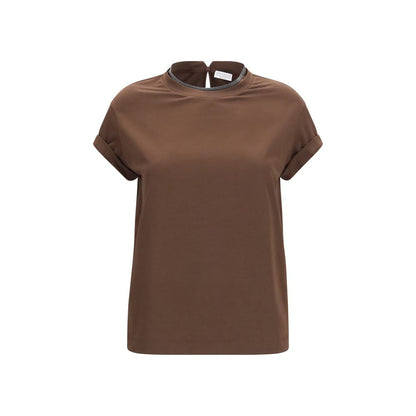 T-Shirt by Brunello Cucinelli for women in stretch cotton brown showcases a unassuming silhouette, artfully detailed with a refined keyhole neckline and unassuming for a sophisticated, contemporary look.