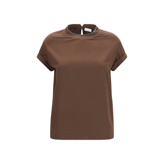 T-Shirt by Brunello Cucinelli for women in stretch cotton brown showcases a unassuming silhouette, artfully detailed with a refined keyhole neckline and unassuming for a sophisticated, contemporary look.