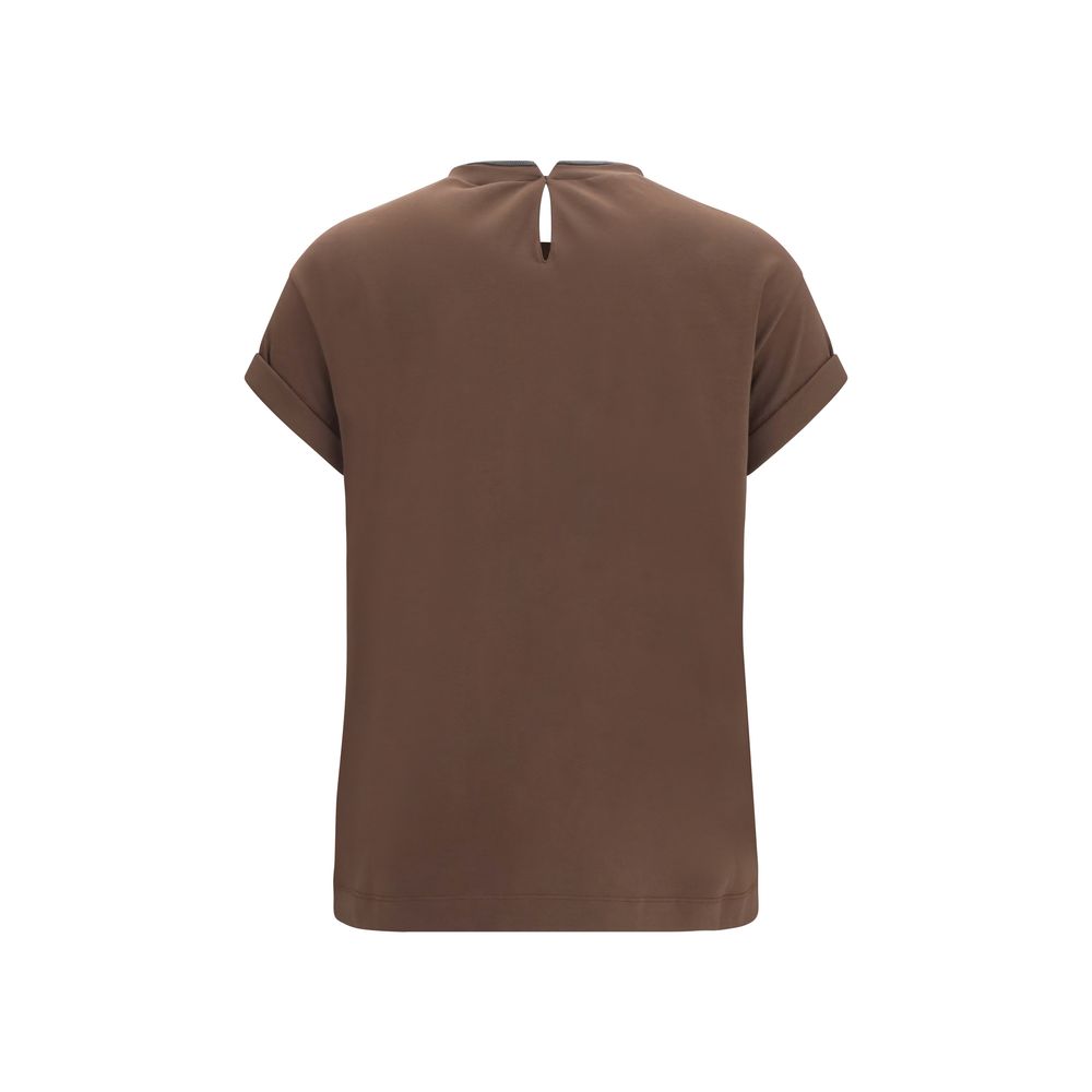 T-Shirt by Brunello Cucinelli for women in stretch cotton brown showcases a dramatic silhouette, elegantly detailed with a dramatic keyhole neckline and for a truly dramatic finish.