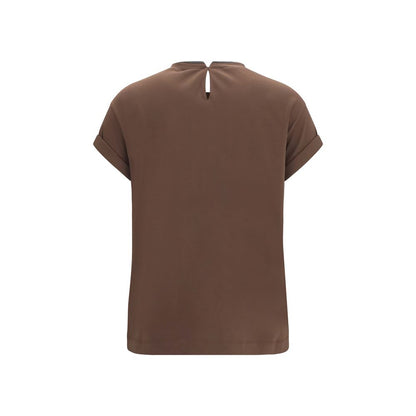 T-Shirt by Brunello Cucinelli for women in stretch cotton brown showcases a dramatic silhouette, elegantly detailed with a dramatic keyhole neckline and for a truly dramatic finish.